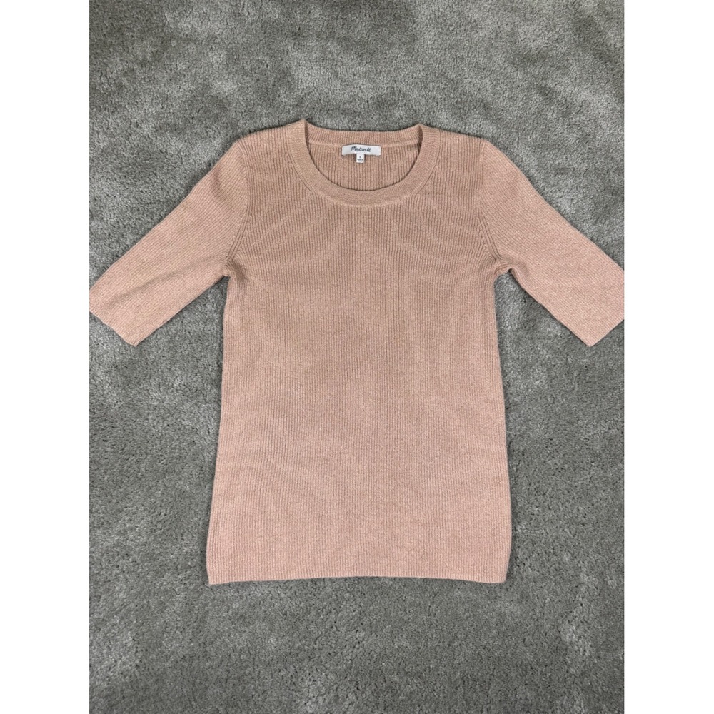 Madewell Ribbed Metallic Knit Top Rose Gold Pink Elbow Sleeve Crew Neck Small